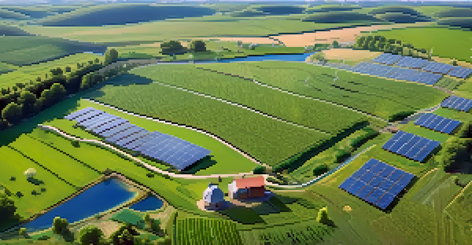 Aerial view of a sustainable farm showcasing green fields, livestock, solar panels, and wind turbines under a blue sky.