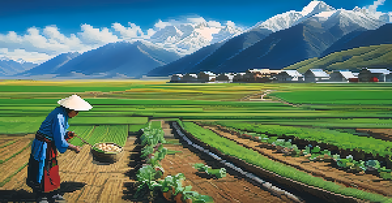 A Tibetan farmer in high-altitude fields with mountains in the background, focusing on sustainable vegetarian crops.