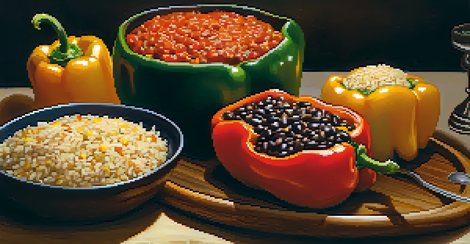 Stuffed bell peppers filled with rice and beans on a rustic wooden platter, illuminated by soft candlelight.