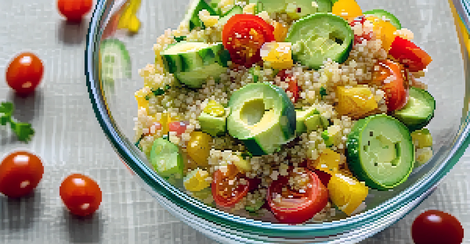 A clear glass bowl filled with a colorful quinoa salad featuring cucumbers, cherry tomatoes, and avocado.