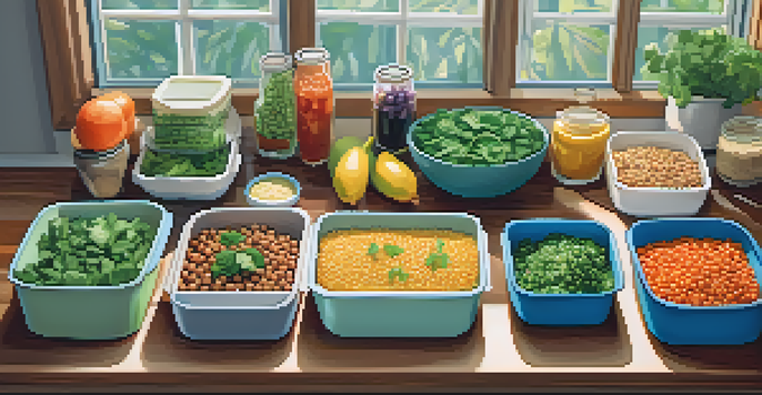 A colorful and organized vegetarian meal prep scene with various plant-based foods in containers on a wooden countertop.
