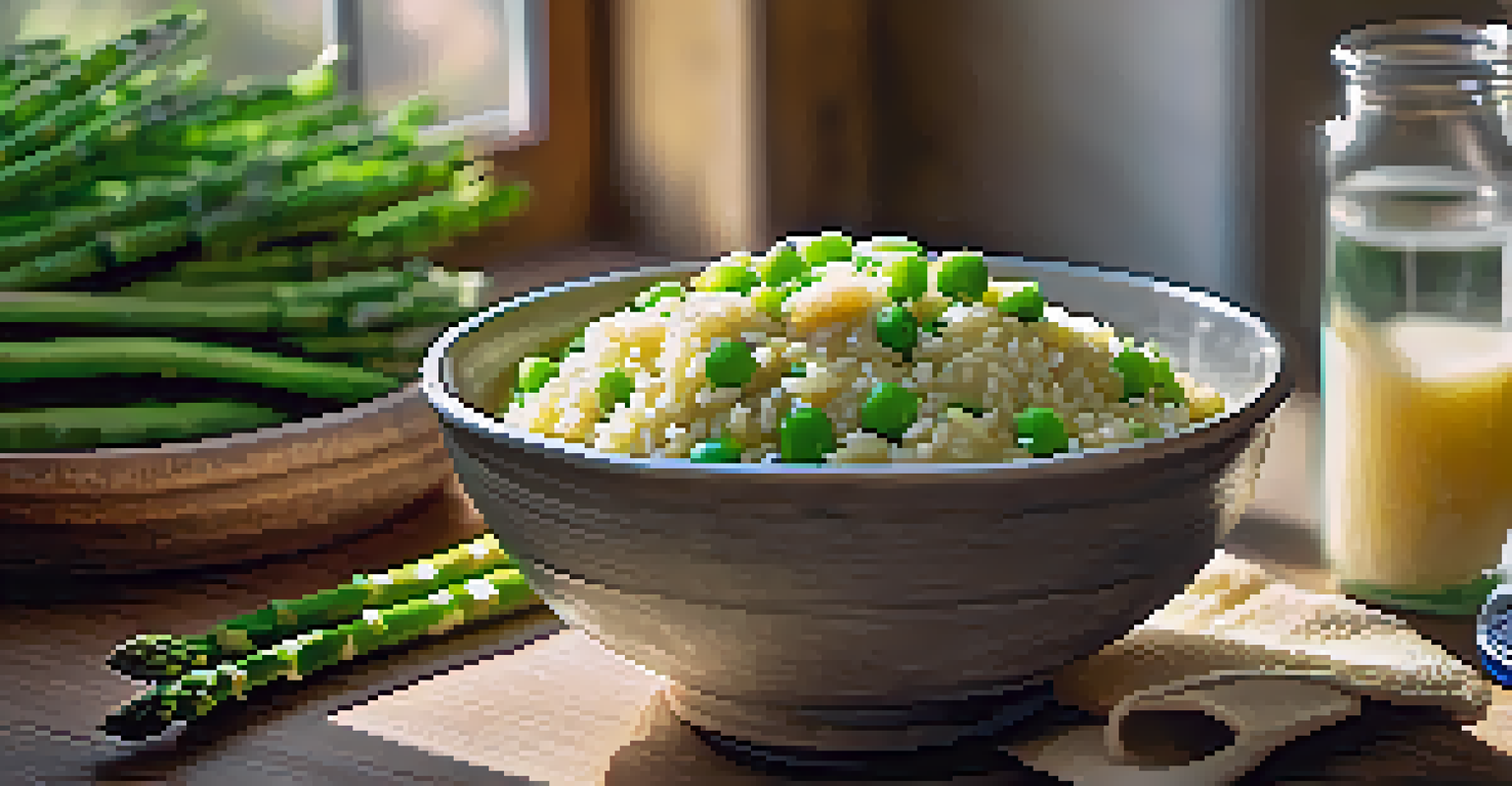 A bowl of asparagus and pea risotto with fresh asparagus and peas around it, lit by sunlight.