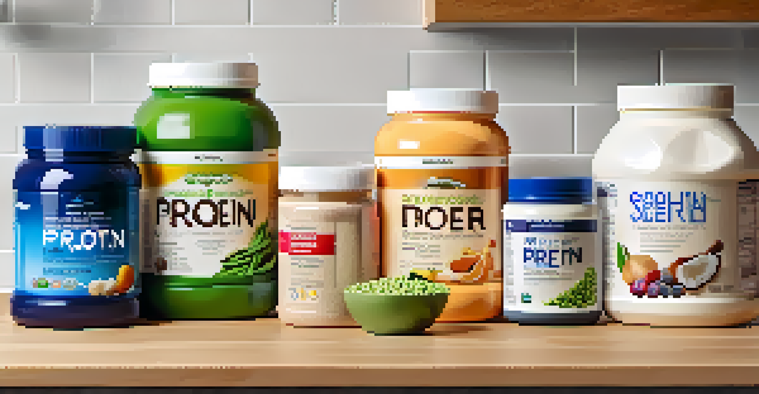 Various protein supplement bags with fresh fruits and a blender on a kitchen counter.