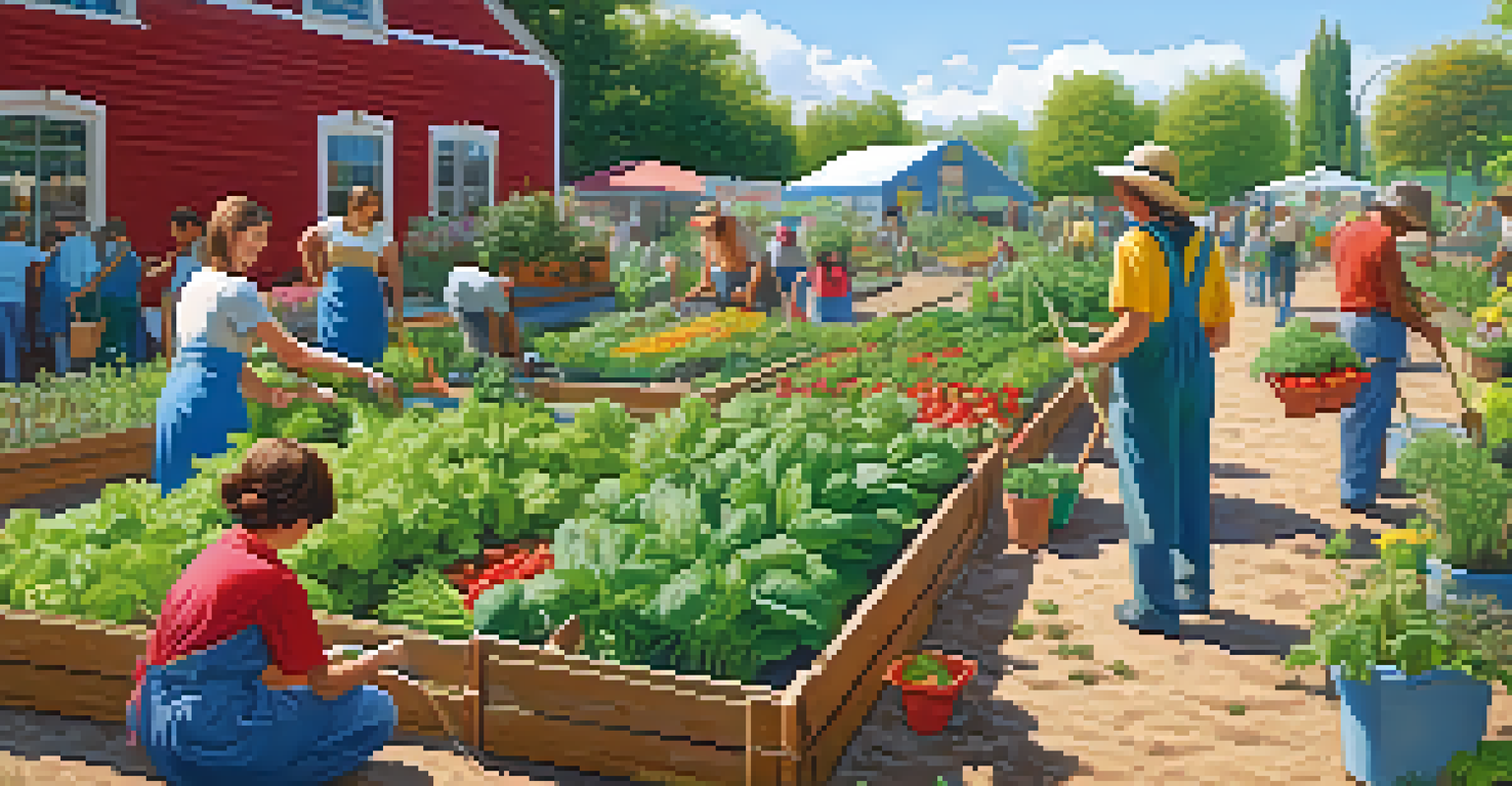 A community garden scene with people planting vegetables and herbs, surrounded by colorful plants and a clear blue sky.