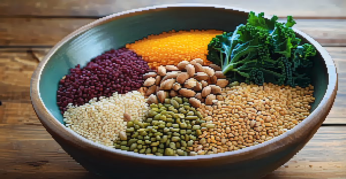 A colorful bowl filled with various plant-based proteins like kale, lentils, quinoa, and nuts, illuminated by sunlight on a wooden table.
