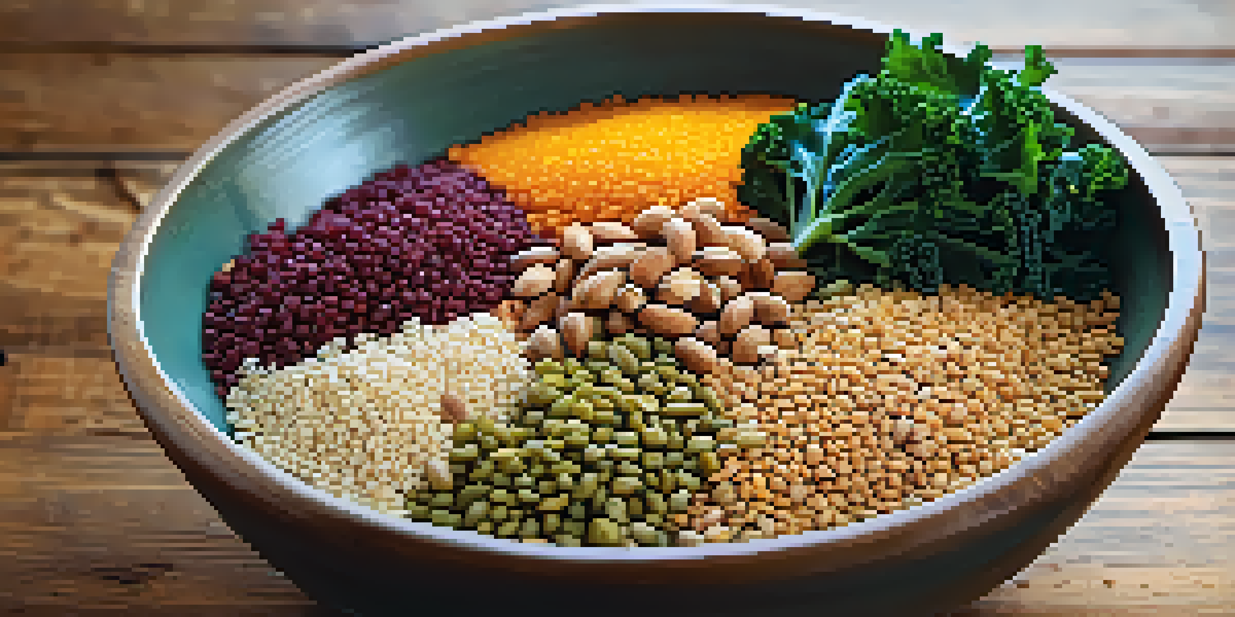 A colorful bowl filled with various plant-based proteins like kale, lentils, quinoa, and nuts, illuminated by sunlight on a wooden table.