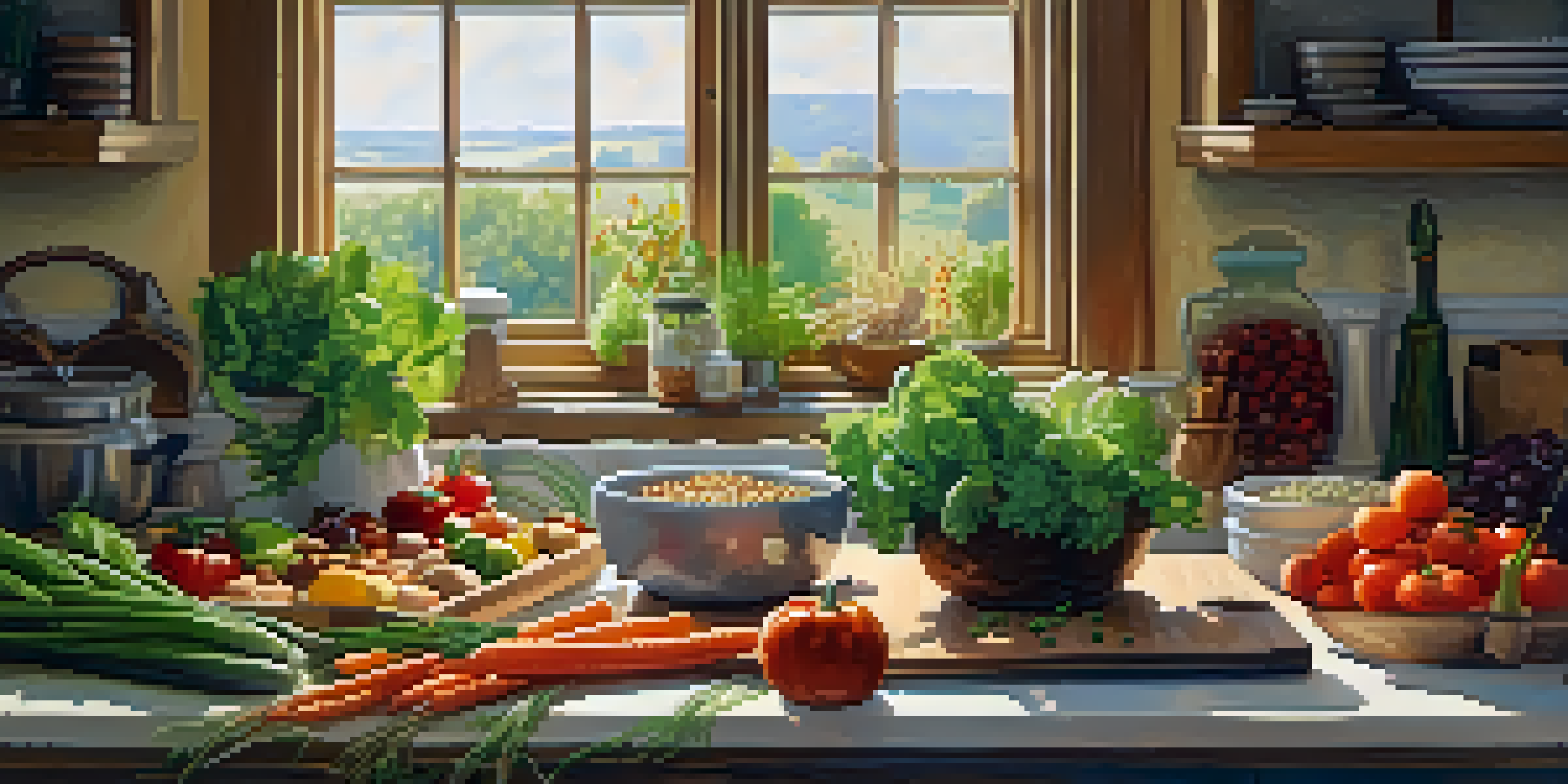 A bright kitchen with fresh vegetables, legumes, and grains on a wooden cutting board, illuminated by sunlight.
