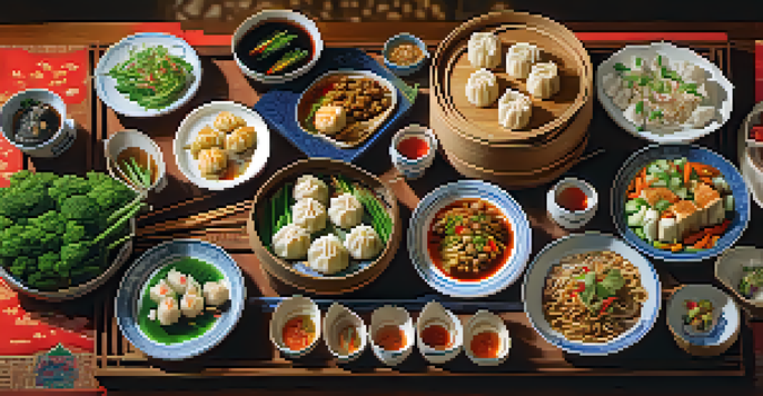 A wooden table set with a diverse array of colorful traditional Chinese vegetarian dishes, including dumplings and stir-fried vegetables, under soft natural lighting.