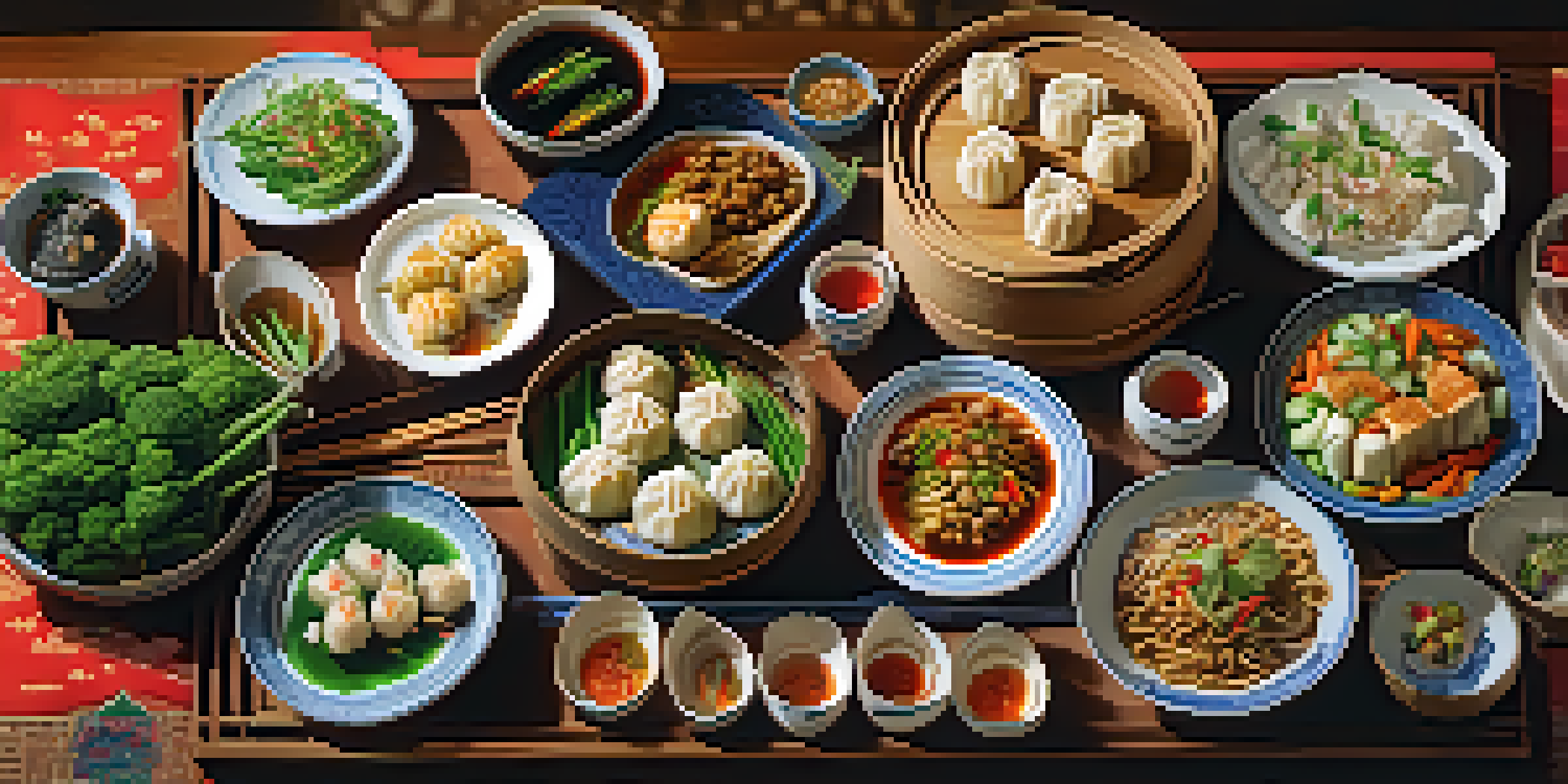 A wooden table set with a diverse array of colorful traditional Chinese vegetarian dishes, including dumplings and stir-fried vegetables, under soft natural lighting.