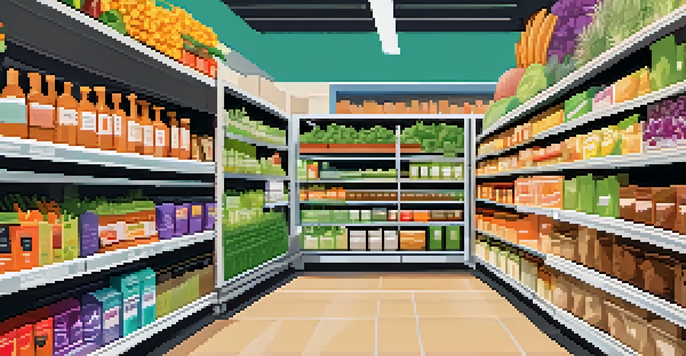 A grocery store aisle filled with colorful vegetarian food products and a shopper examining a label.