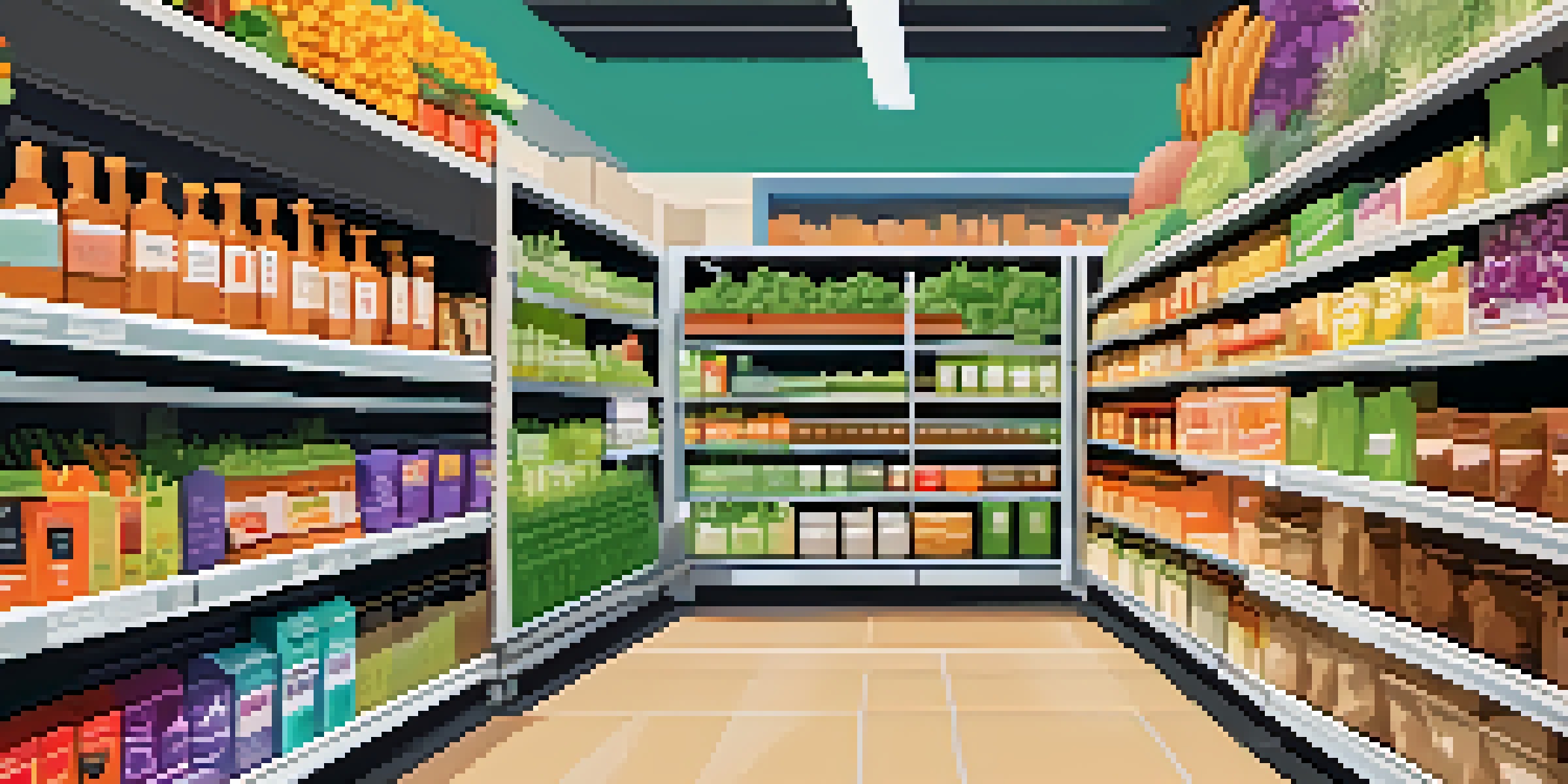 A grocery store aisle filled with colorful vegetarian food products and a shopper examining a label.