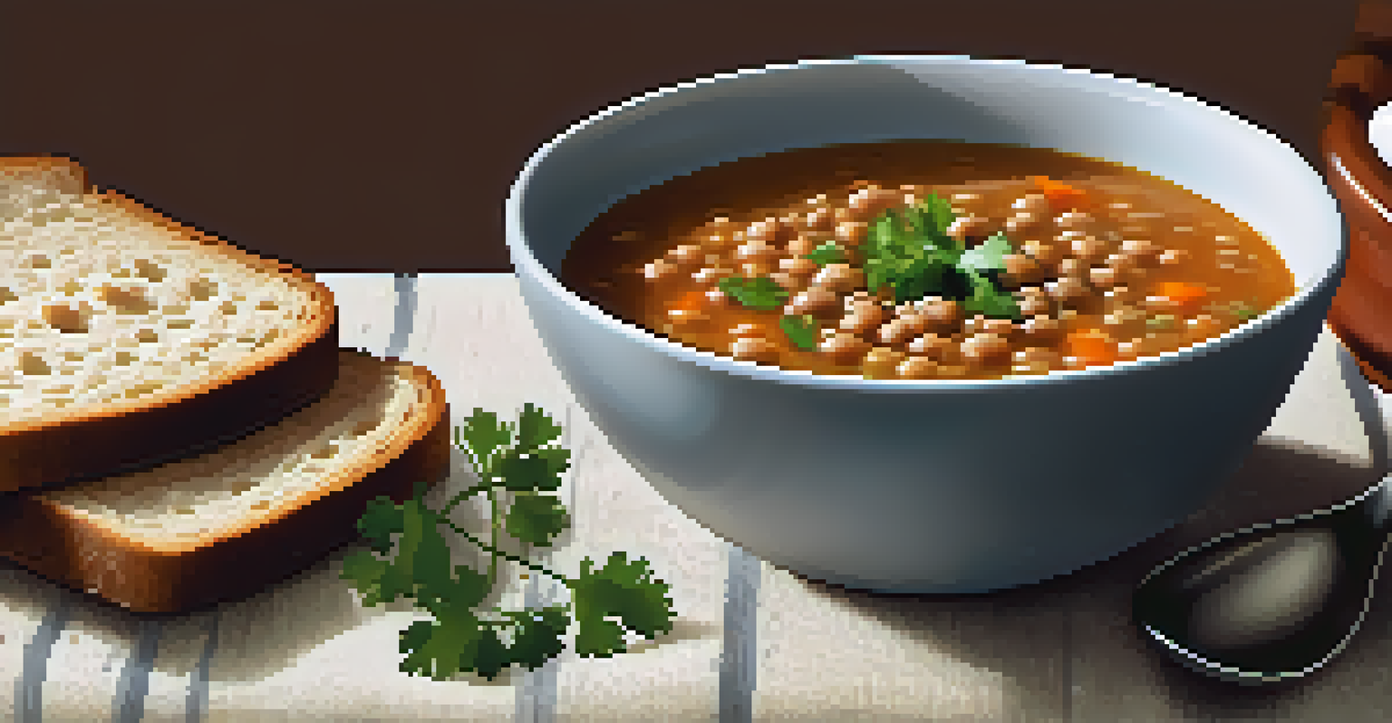 A close-up of a steaming lentil soup in a bowl, garnished with cilantro and accompanied by a slice of whole grain bread on a linen tablecloth.