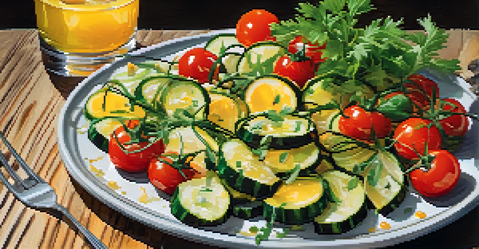 A plated dish of sautéed vegetables garnished with herbs, alongside a glass of lemonade on a wooden table.