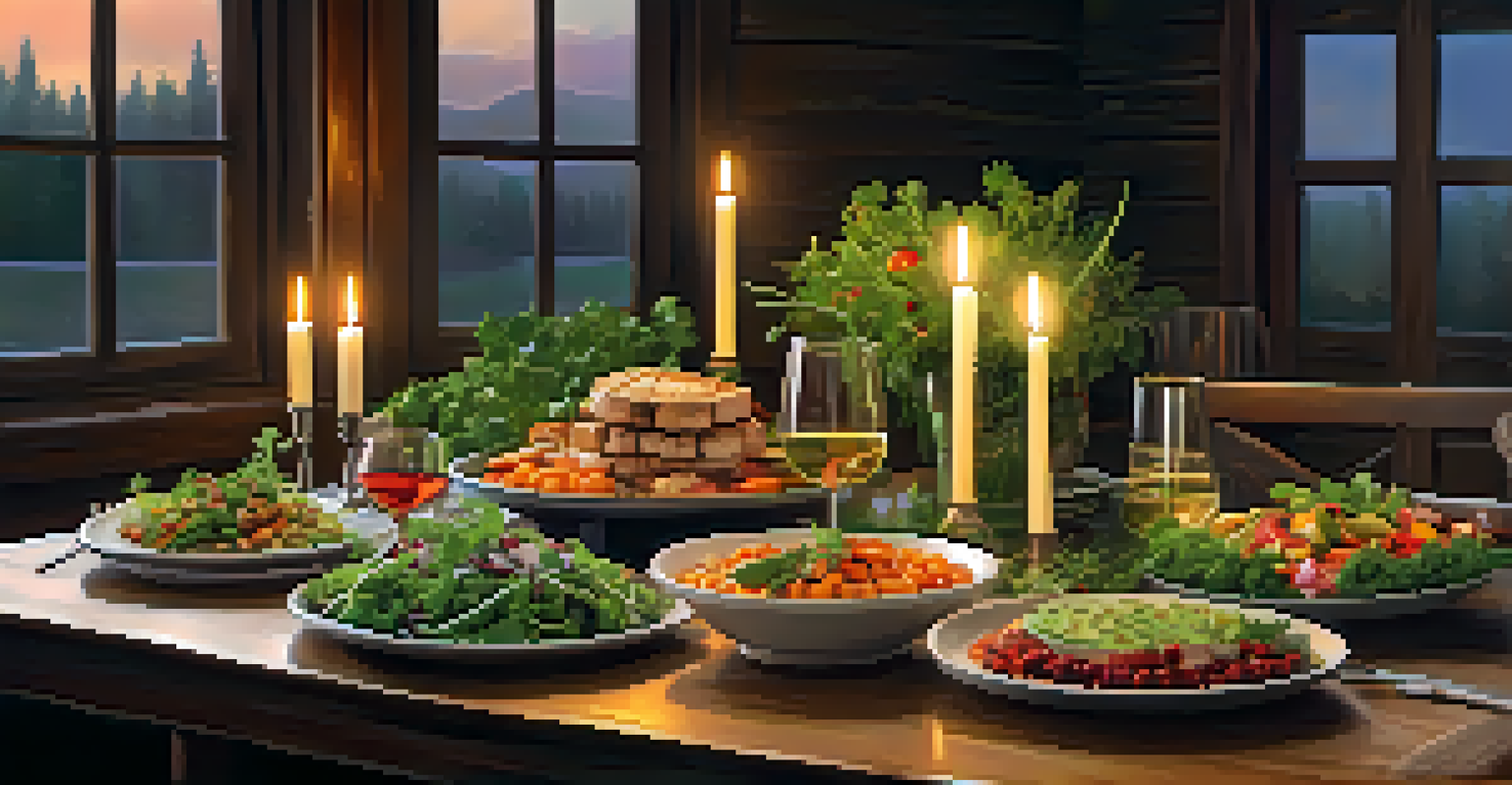 An elegant table with a variety of vegetarian dishes, fresh herbs, and candlelight creating a warm atmosphere.