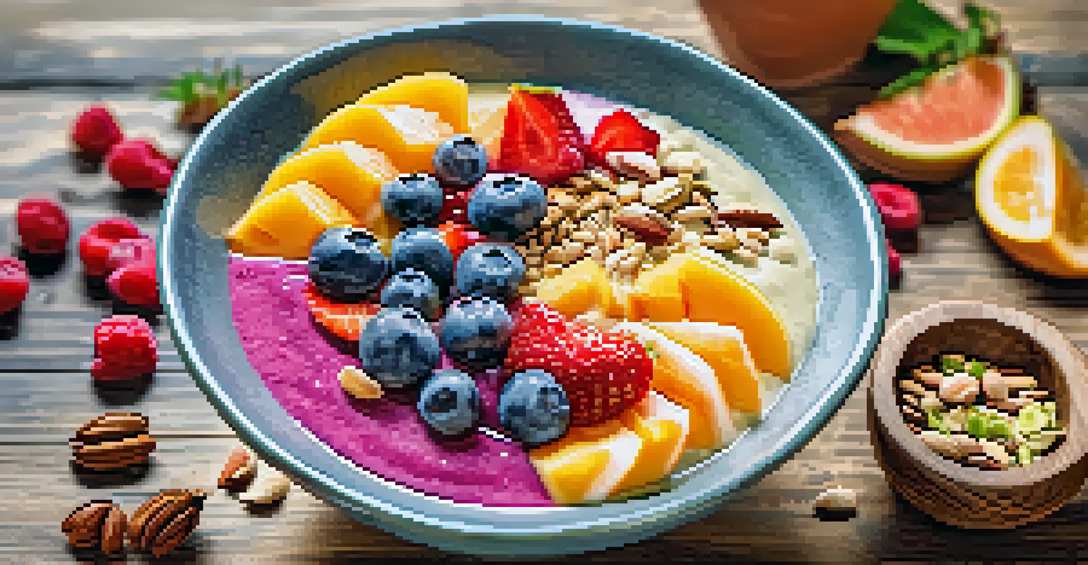 A colorful smoothie bowl topped with fresh fruits, nuts, and seeds on a wooden table, with natural light enhancing its vibrant colors.