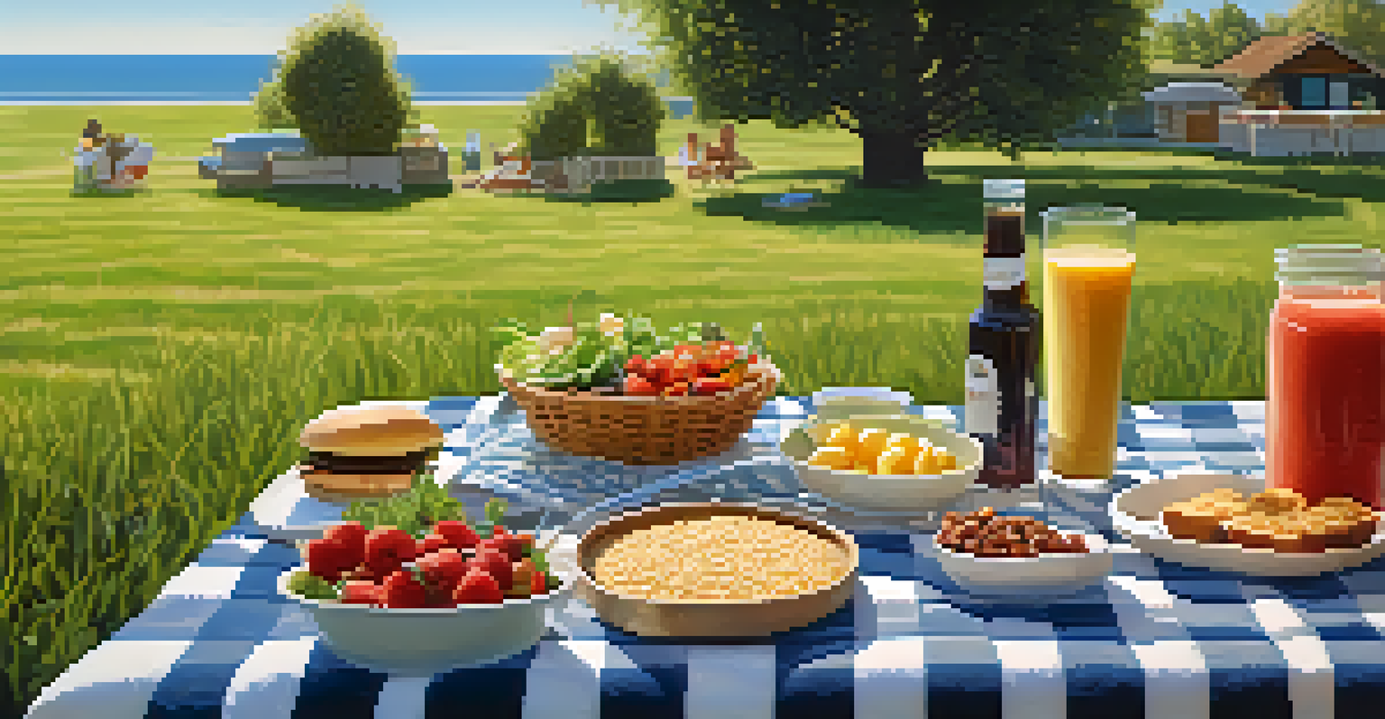 An outdoor picnic with a variety of plant-based dishes on a checkered blanket, under a sunny sky.