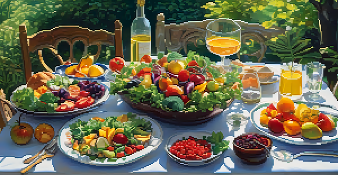 A colorful display of vegetarian dishes on a table set in a sunlit garden, surrounded by greenery.