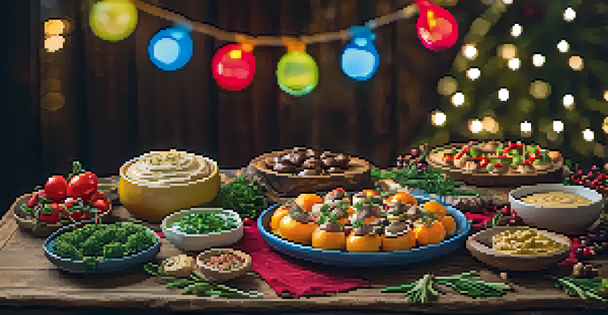 A festive appetizer spread with colorful vegetables, hummus, and stuffed mushrooms on a rustic wooden table, illuminated by soft golden lights.