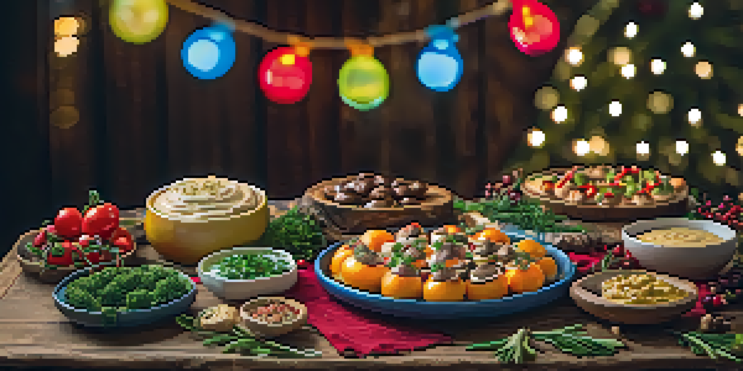 A festive appetizer spread with colorful vegetables, hummus, and stuffed mushrooms on a rustic wooden table, illuminated by soft golden lights.