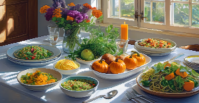 A colorful kitchen table filled with various vegetarian dishes, including salads and bread, illuminated by natural sunlight.