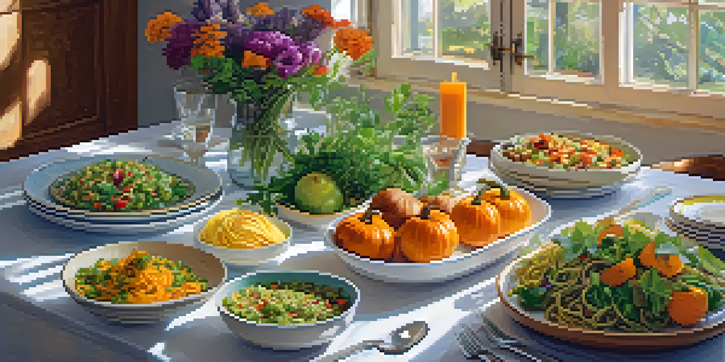 A colorful kitchen table filled with various vegetarian dishes, including salads and bread, illuminated by natural sunlight.