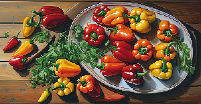 A colorful platter featuring stuffed mini peppers filled with a creamy mixture, arranged in a rainbow pattern on a rustic wooden table.