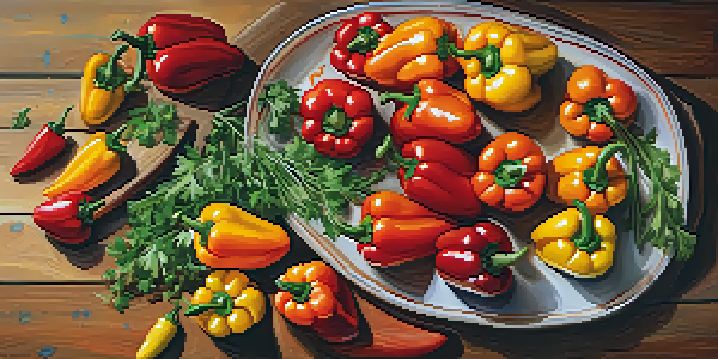 A colorful platter featuring stuffed mini peppers filled with a creamy mixture, arranged in a rainbow pattern on a rustic wooden table.