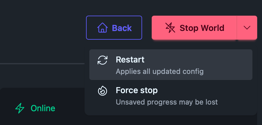 Restart and Force Stop dropdown