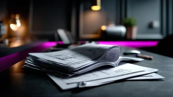 A stack of technical drawings and permit documents open on a desk.
