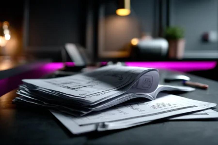 A stack of technical drawings and permit documents open on a desk.