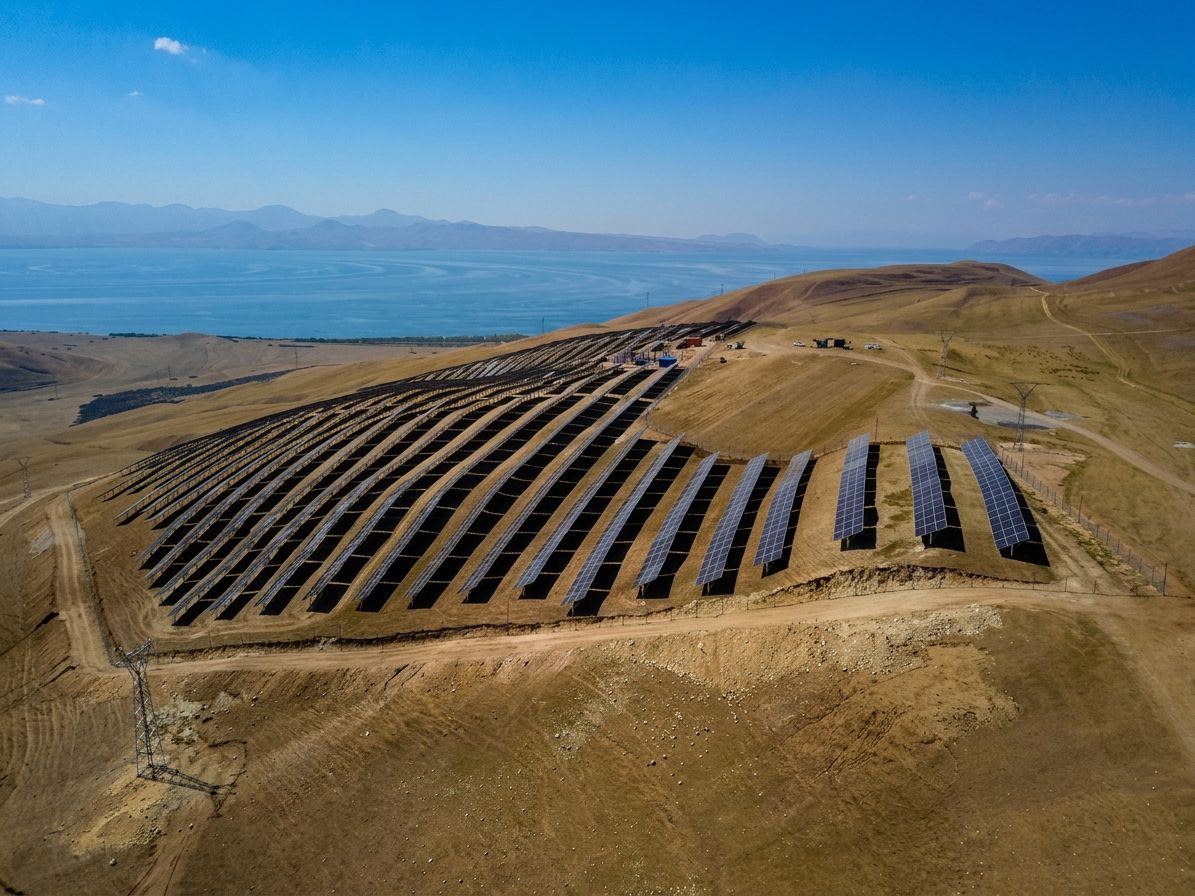 Aerial view of the SOLAR-5 power plant: rows of solar panels curving across a dry hillside above Lake Sevan, with mountains on the far shore.