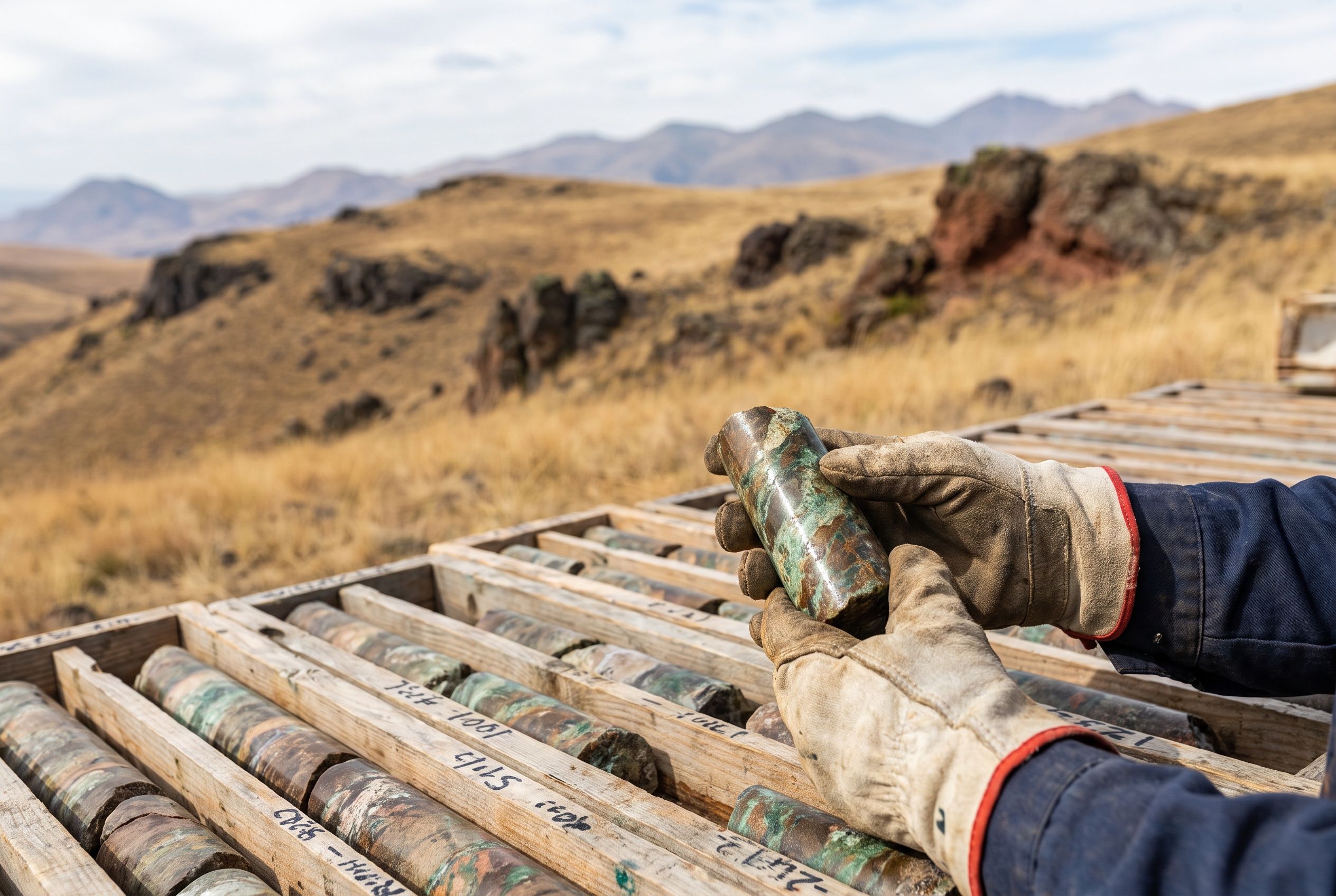 Geologist examining copper ore drill core samples in wooden core trays.
