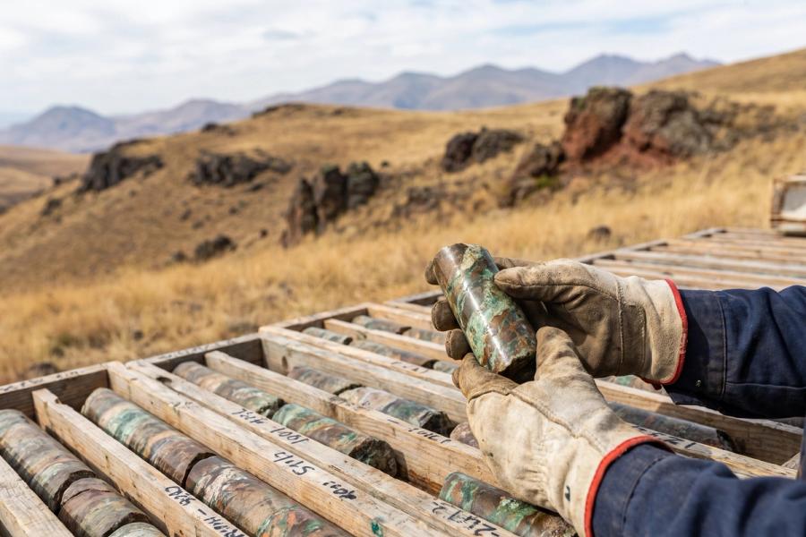Geologist examining copper ore drill core samples in wooden core trays.