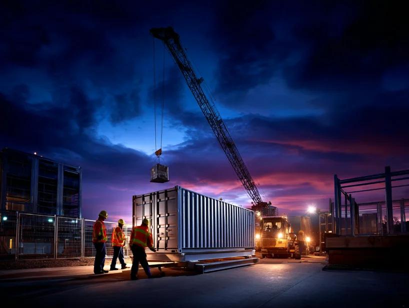 A crane lowering a container onto its foundation at night, with the site crew in hi-vis under a dusk sky.