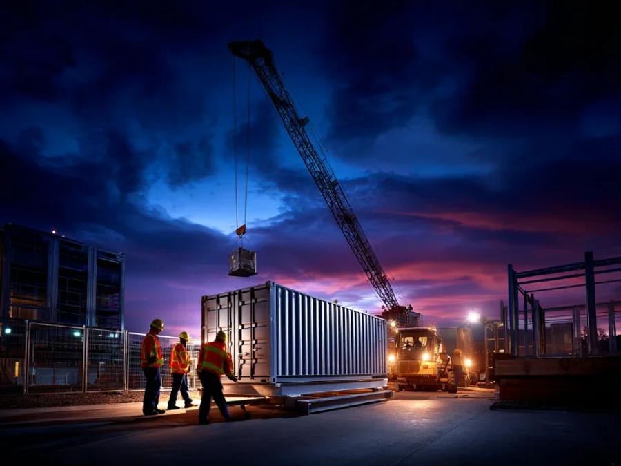 A crane lowering a container onto its foundation at night, with the site crew in hi-vis under a dusk sky.
