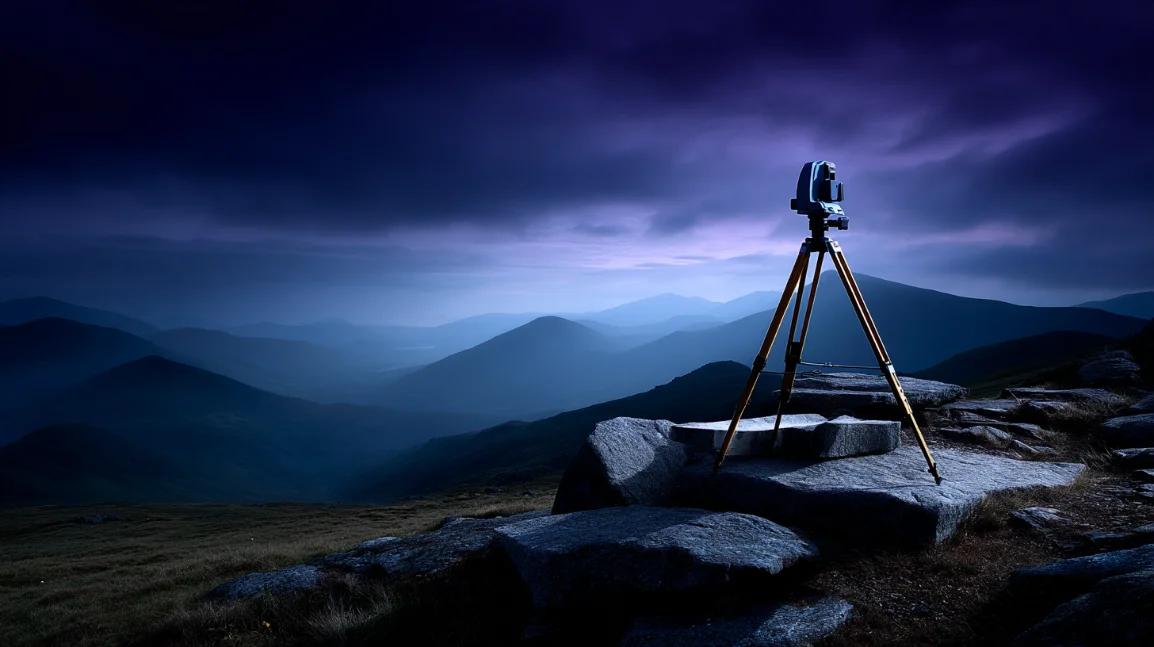 A surveying instrument on a tripod on a mountain ridge at dusk, overlooking a valley.