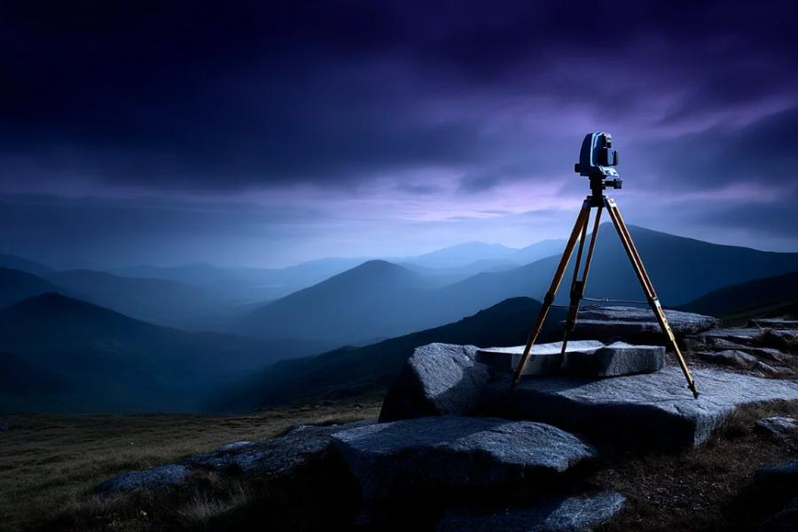 A surveying instrument on a tripod on a mountain ridge at dusk, overlooking a valley.