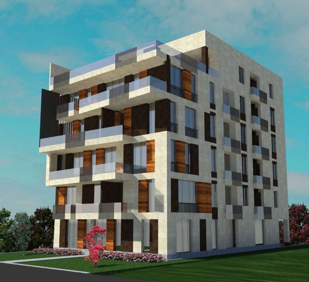 Architectural render of Cascade Hill Apartments, a six storey stone clad residential building in Yerevan with recessed balconies and timber detailing.