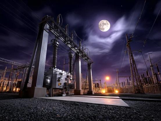 A high-voltage substation gantry and disconnectors photographed at night under a full moon.
