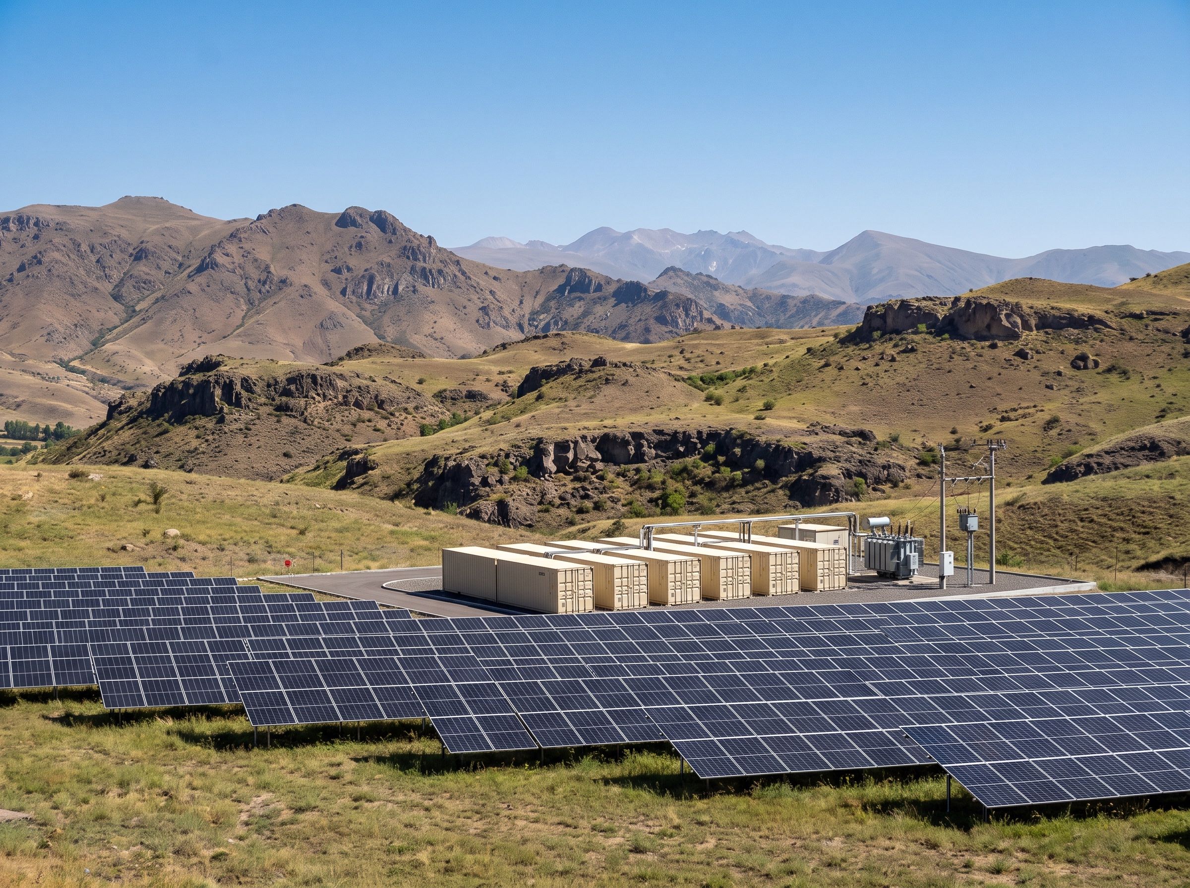 Visualisation of the planned Kotayk hybrid site: a solar power plant with a row of battery storage containers and a substation in a mountain valley.