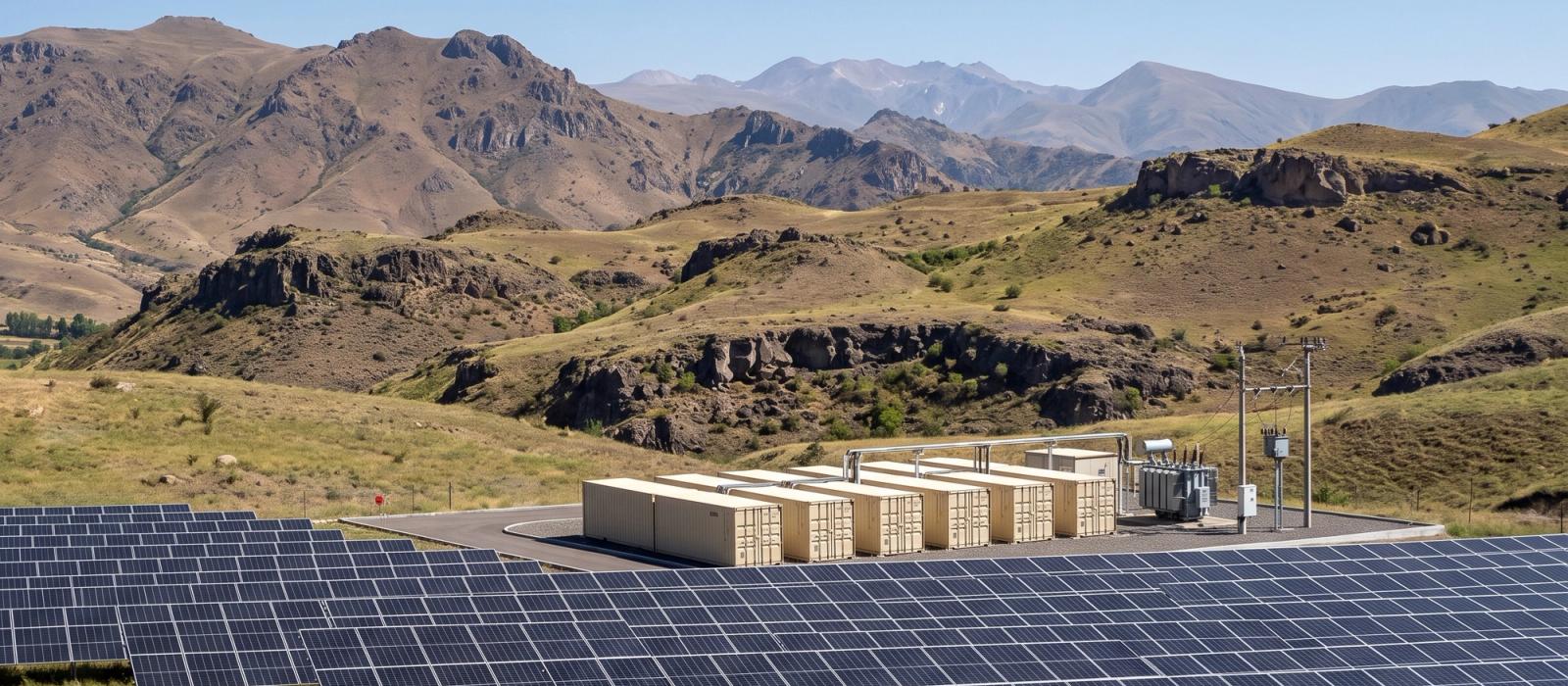 Visualisation of the planned Kotayk hybrid site: a solar power plant with a row of battery storage containers and a substation in a mountain valley.
