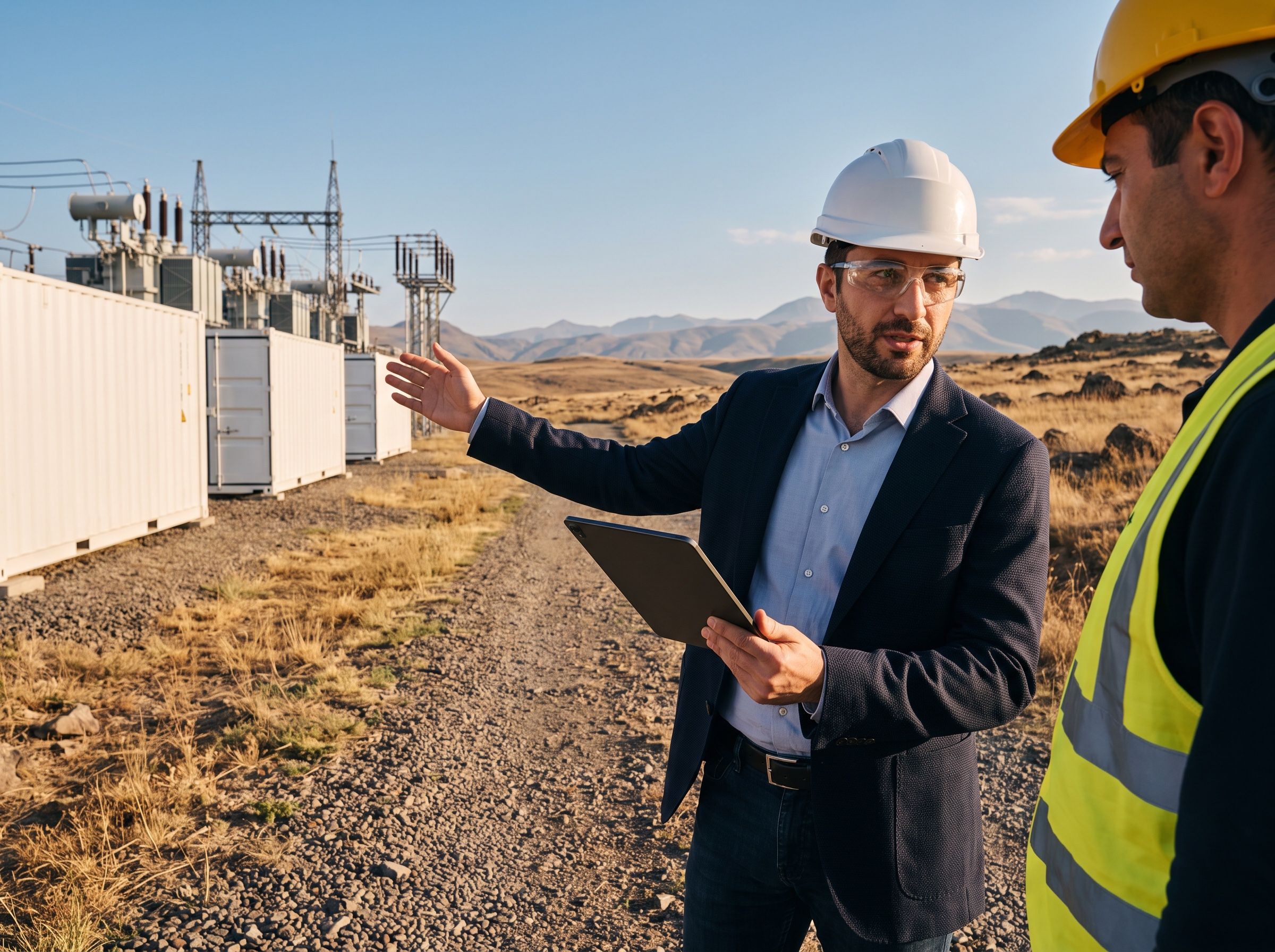 An energy consultant with a tablet briefing a client at a grid-scale battery storage site in the Armenian highlands.