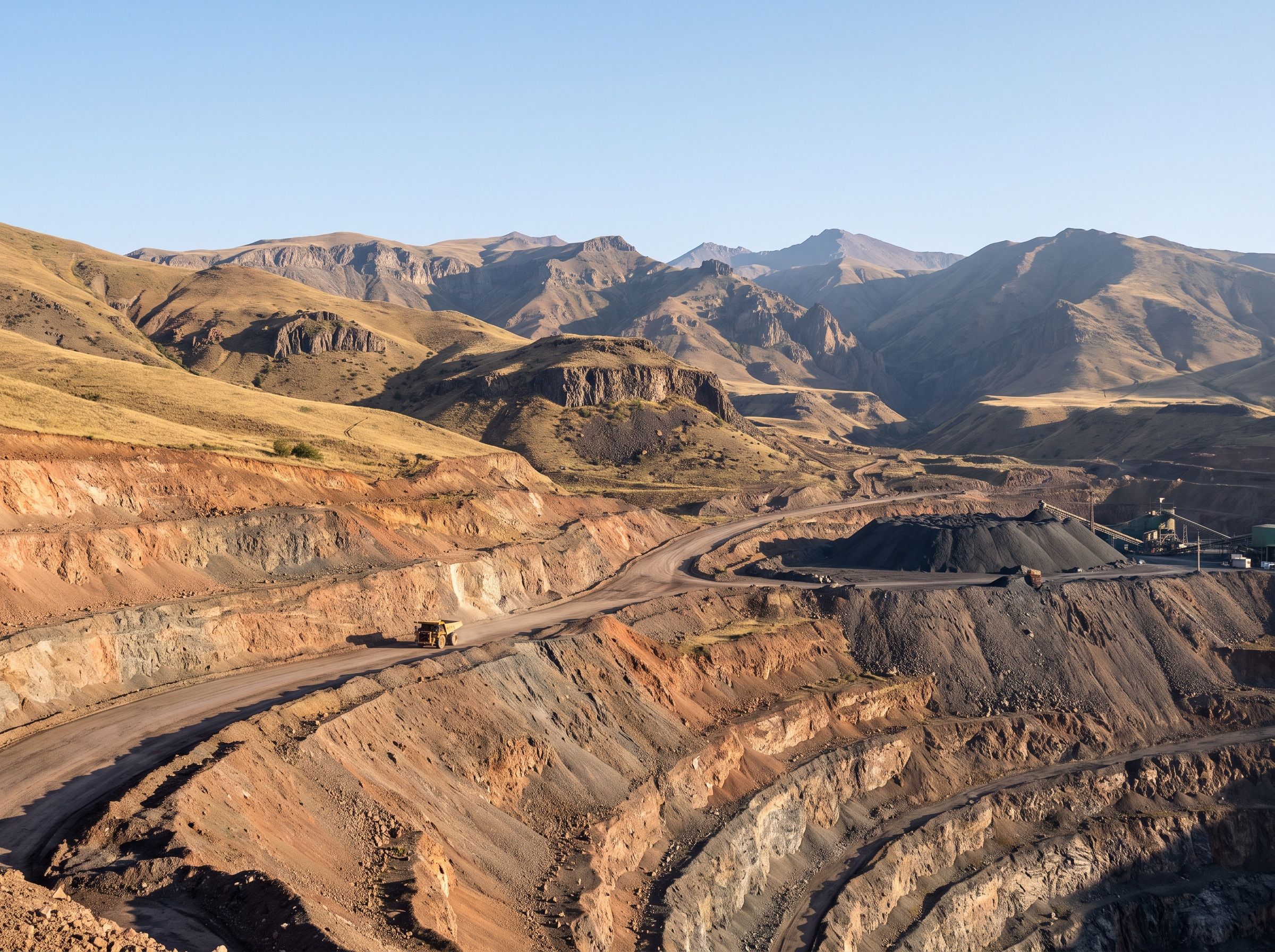 Open-pit copper mine in the Armenian mountains with terraced benches and a haul road.