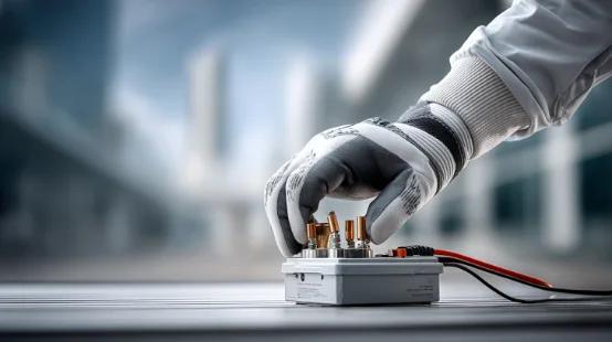 A gloved hand connecting test leads to a terminal box during commissioning checks.