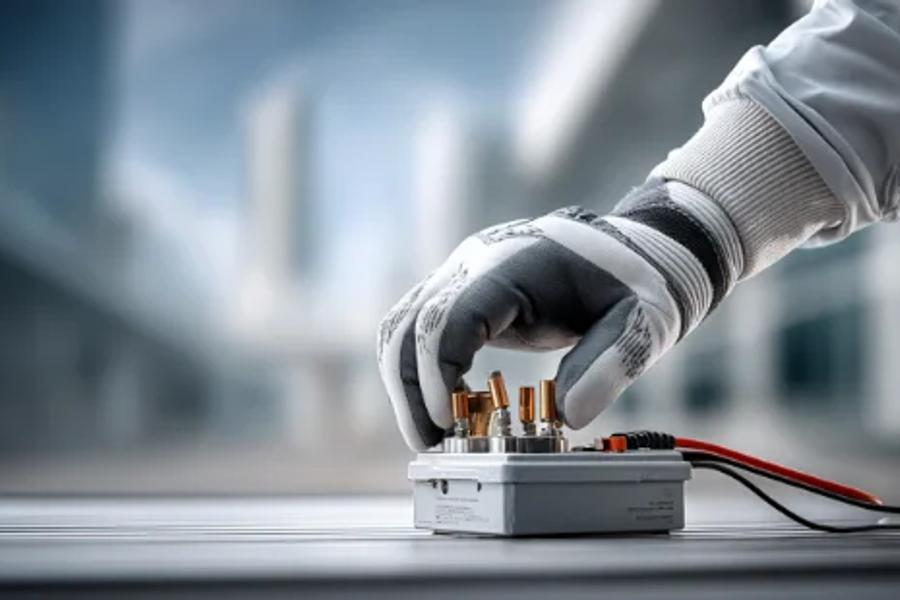 A gloved hand connecting test leads to a terminal box during commissioning checks.