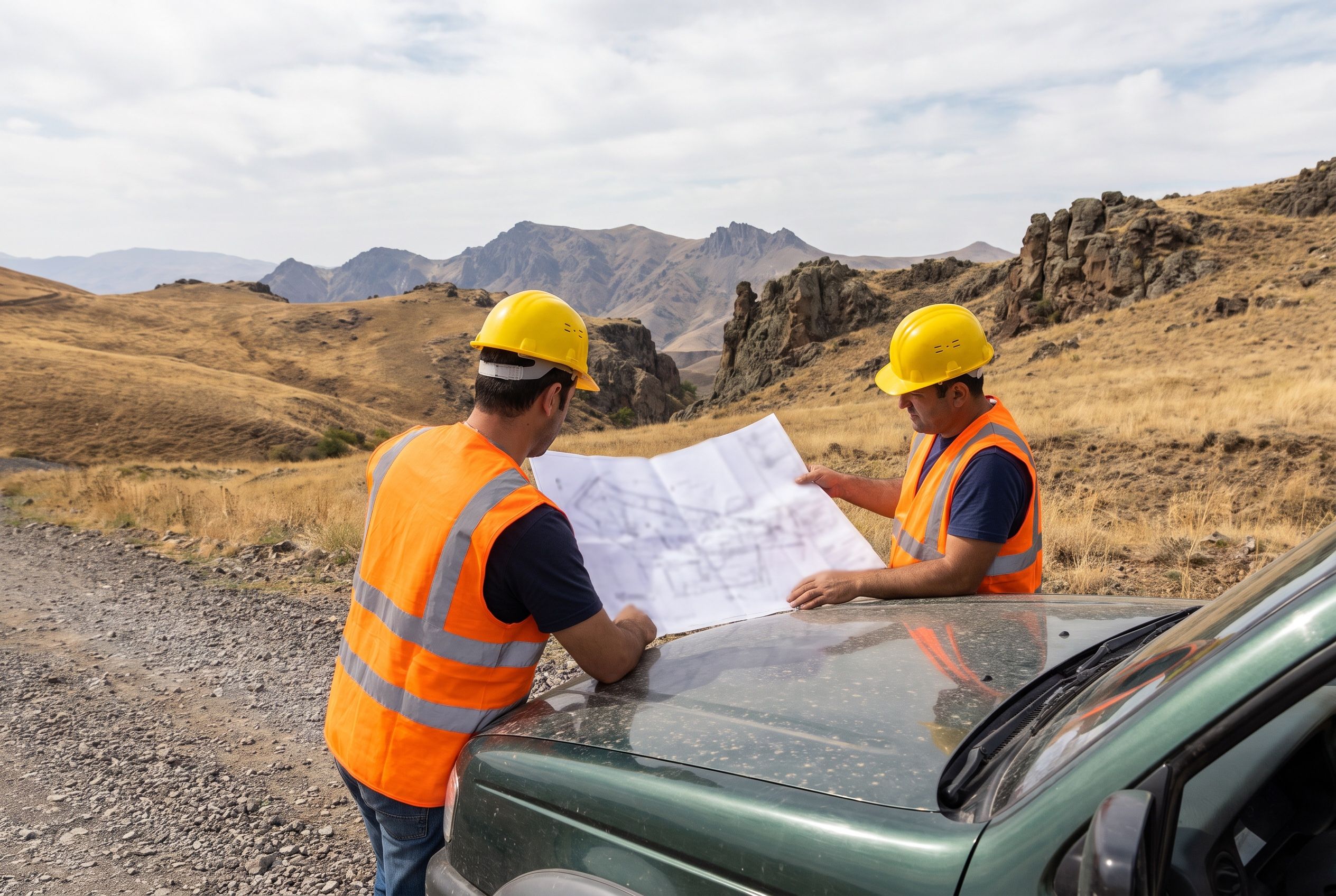 Two engineers in hard hats reviewing a site plan on the hood of a pickup at a mine site.