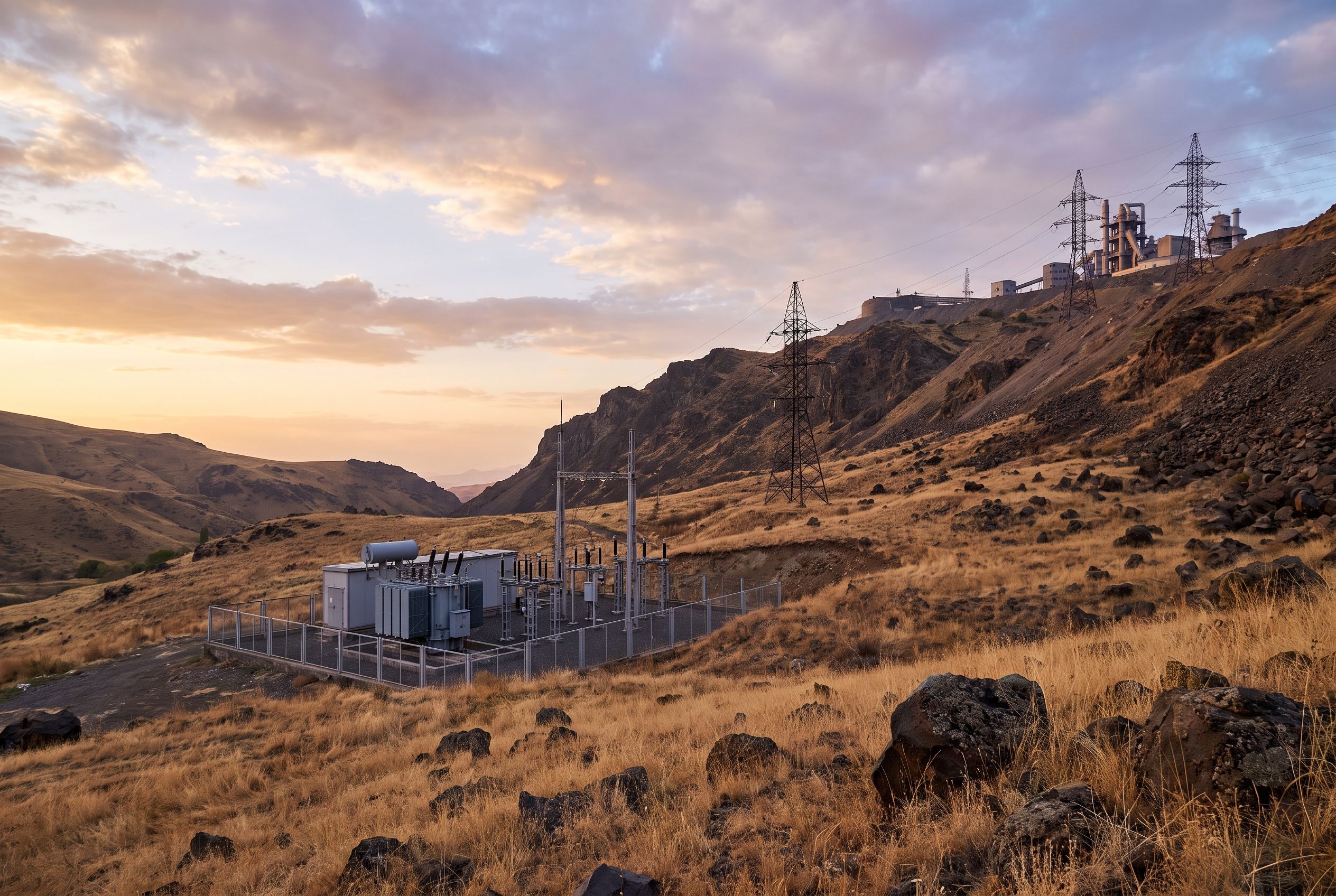 Electrical substation and high-voltage pylons running up a mountain slope to a mine processing plant.