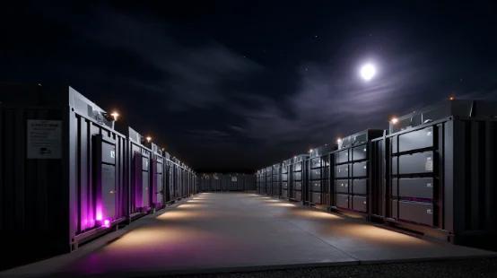 A lit row of battery storage containers at night under a full moon.