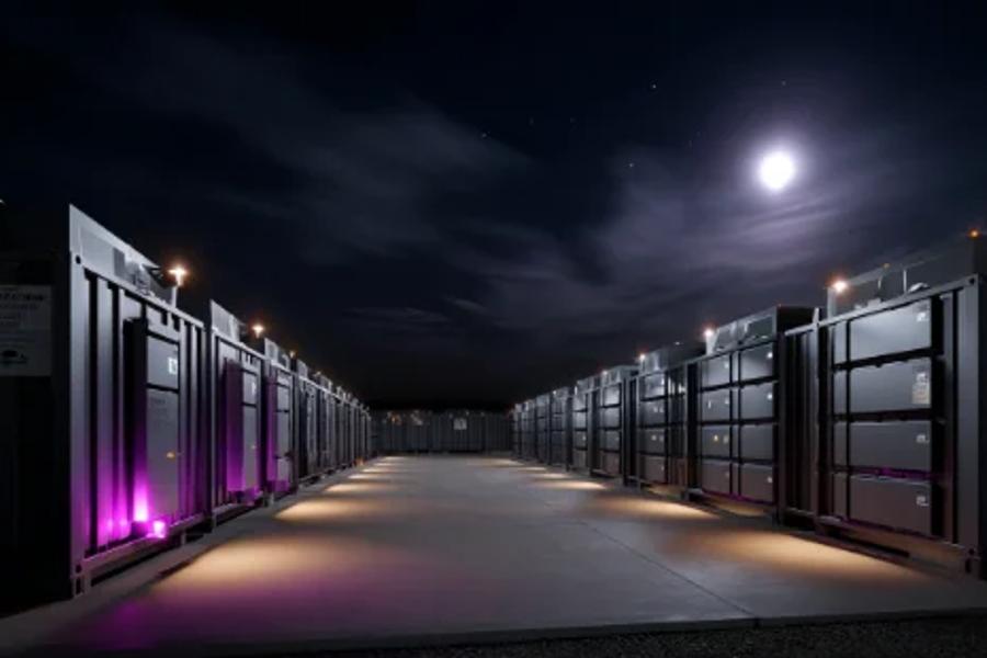 A lit row of battery storage containers at night under a full moon.