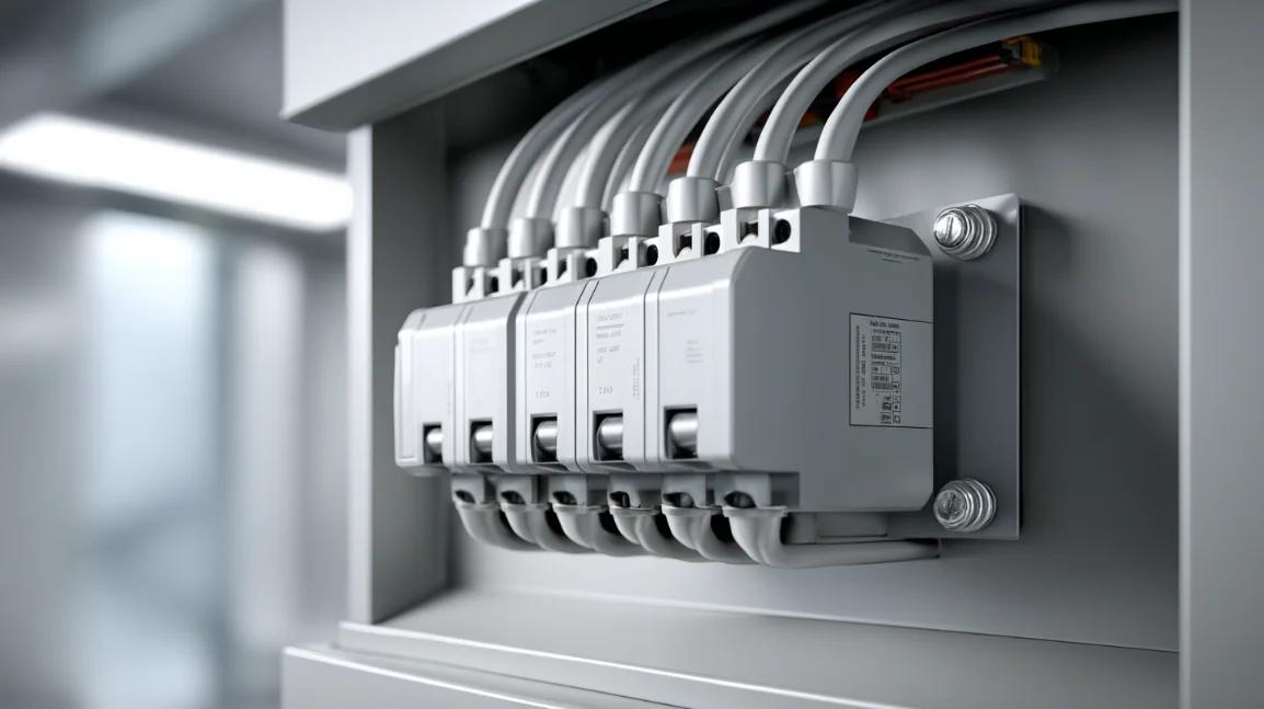 Close-up of surge protection devices wired into an electrical enclosure.
